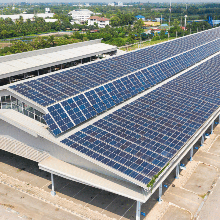 aerial top view of the solar cells on the roof solar panels installed on roof of large industrial building or warehouse 1